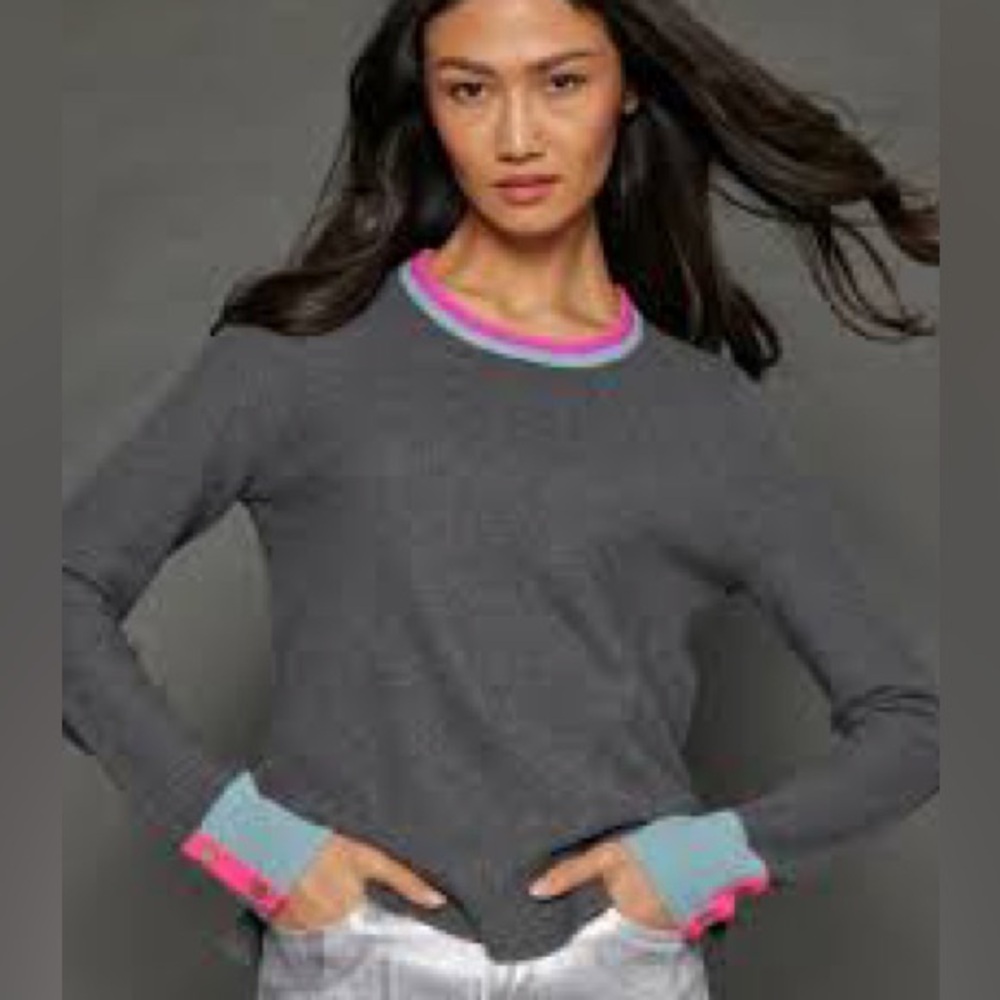 Lisa Todd Gray Cashmere Cotton Sweater with Vibrant Pink and Blue Trim
